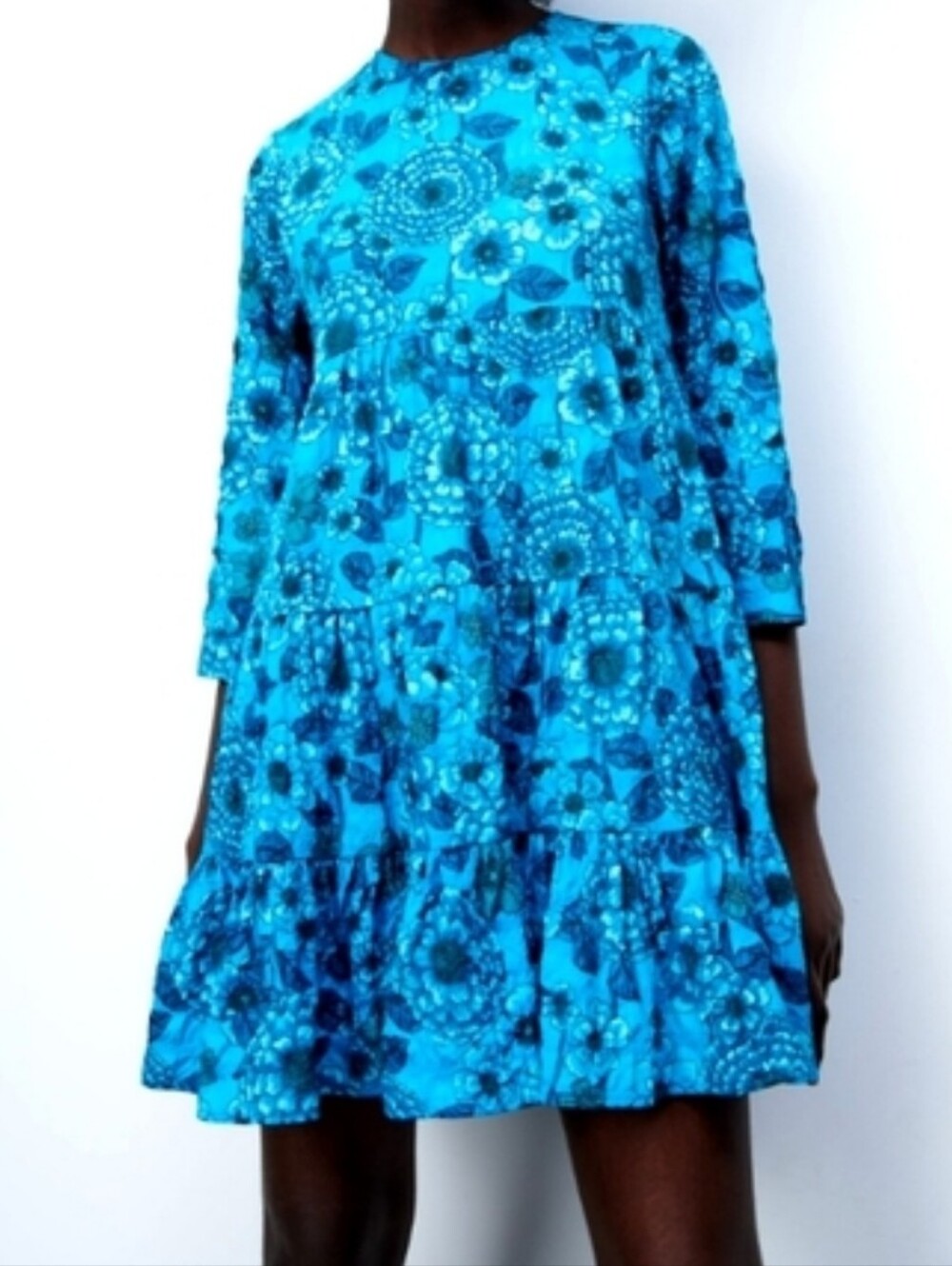 Nwot Zara Sharon Vivid Blue Floral Longsleeve Tiered Shift Dress